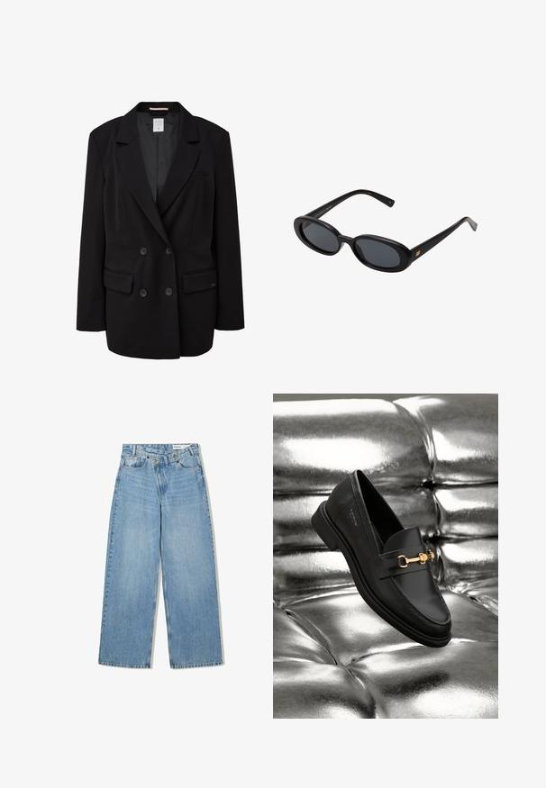 Schwarzer doppelt geknöpfter Blazer mit Reverskragen, zwei Fronttaschen und sechs Knöpfen. Glattes Material mit einem versteckten Innenetikett.; Schlichtes weißes Langarmshirt mit Rundhalsausschnitt, von hinten gezeigt, flach auf einem weißen Hintergrund ausgelegt.; Hellblaue weite Jeans aus Denim, mit hoher Taille, fünf Taschen, Knopfverschluss und dezentem Verblassen für Textur.; Schwarze Leder-Loafer mit goldfarbener Hardware. Der Schuh zeichnet sich durch ein elegantes Design und eine glatte, glänzende Oberfläche aus.; Schwarze, oversized Sonnenbrillen mit ovalen Gläsern, glattem Kunststoffrahmen und goldenen Akzenten an den Bügeln. Die dunklen Gläser bieten Sonnenschutz.