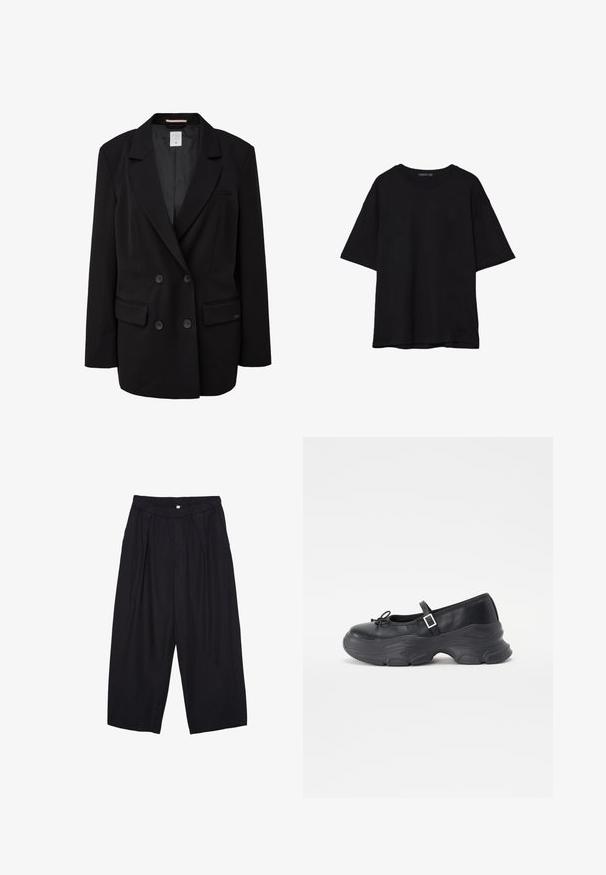 Schwarzer doppelt geknöpfter Blazer mit Reverskragen, zwei Fronttaschen und sechs Knöpfen. Glattes Material mit einem versteckten Innenetikett.; Schwarzes Baumwoll-T-Shirt mit lässiger Passform, kurzen Ärmeln, runder Ausschnitt und glatter Textur. Keine sichtbaren Muster oder Akzente.; Schwarze Polyester-Culotte mit einem elastischen Bund, zwei vorderen Falten und einer lockeren Silhouette. Keine sichtbaren Muster oder Hardware-Details.; Schwarze Leder-Mary-Jane-Schuhe mit einer abgerundeten Zehenpartie, Schleifendetail und verstellbarem Knöchelriemen. Mit einer stabilen Gummisohle mit geschwungenen Akzenten.