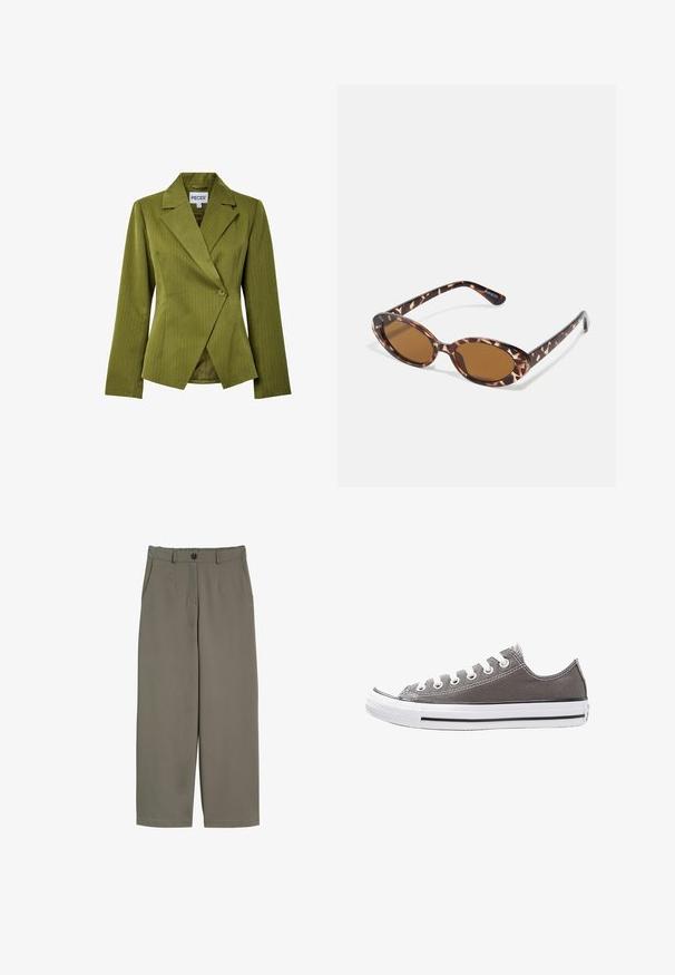 Oliwkowa marynarka w prążki z wykładanym kołnierzem, zapięciem na jeden guzik i długimi rękawami. Gładki materiał z dopasowanym krojem.; Biała koszulka z krótkim rękawem, okrągły dekolt, wykonana z miękkiej, gładkiej bawełny, z prostym dołem i minimalnymi detalami. Gładki i uniwersalny design.; Spodnie o szerokich nogawkach w oliwkowym kolorze, wyposażone w zapięcie na guzik, kieszenie z przodu oraz gładką, lekko teksturowaną powierzchnię.; Szare płócienne trampki z białą gumową podeszwą, czarnym paskiem i metalowymi oczkami. Charakteryzują się okrągłym noskiem, niskim fasonem oraz teksturowanym materiałem.; Okulary przeciwsłoneczne w kolorze tortoise z owalnymi soczewkami, brązowymi w odcieniu, cienkimi ramionami z teksturowanym wzorem, lekką plastikową oprawką.