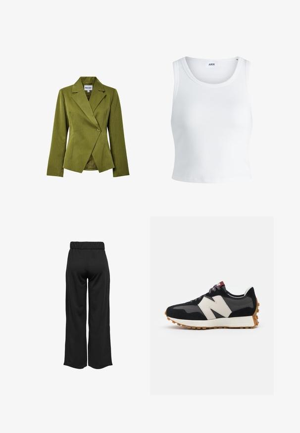 Blazer a righe verde oliva con colletto a punta, chiusura a un bottone e maniche lunghe. Tessuto liscio con un design aderente.; Canottiera bianca a coste con scollatura rotonda, senza maniche e lunghezza cropped. Etichetta con la scritta "JJXX". Tessuto di texture liscia.; Pantaloni neri a gamba larga con cintura elastica, realizzati in tessuto liscio. Presentano un design pulito senza tasche o dettagli di cucitura visibili.; Sneaker in suede nero e grigio con un grande logo "N" color crema, lacci viola e una suola esterna in gomma gommosa texturizzata.