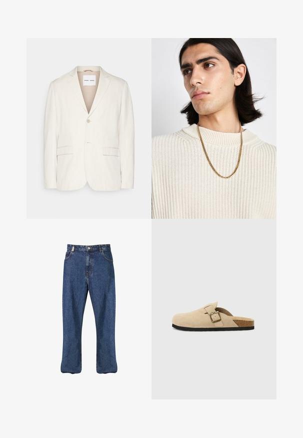 Világos bézs vászonnövény, egysoros gombos záródással, fordított kolonckal, két elülső zsebbel és testhezálló fazonnal. Puha textúra, minimalista dizájn.; Fehér, hosszú ujjú, gombos ing, pamutból készült, klasszikus gallérral, elöl gombokkal és minimalista varrási részletekkel.; Sötétkék farmernadrág egyenes szárú fazonban, klasszikus öt zsebes stílussal és látható varrásokkal a varratok mentén.; Beige színű velúr klumpák, parafa talppal, kerek orral és egy egyszerű pánttal, amely arany színű csattal rendelkezik. A gumi talp jó tapadást biztosít.; Aranylánc nyaklánc egy krém színű bordázott kötött pulóver fölött; puha textúra, magas gallér és finom minta a szövetben.