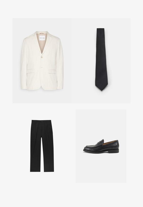 Világos bézs vászonnövény, egysoros gombos záródással, fordított kolonckal, két elülső zsebbel és testhezálló fazonnal. Puha textúra, minimalista dizájn.; Fehér, hosszú ujjú, gombos ing, pamutból készült, klasszikus gallérral, elöl gombokkal és minimalista varrási részletekkel.; Fekete nadrág egyenes szárú kialakítással, sima anyagból készült. Elöl redők és egy gombos záródás található a derékon.; Fekete bőr loaferek sima felülettel, lekerekített orral és díszítő varrással a lábfejen. Alacsony, réteges sarkú és enyhe fényű.; Keskeny fekete nyakkendő, texturált, átlós bordázott mintával. Hegyes végződéssel és sima felülettel rendelkezik. Alkalmas elegáns öltözethez.