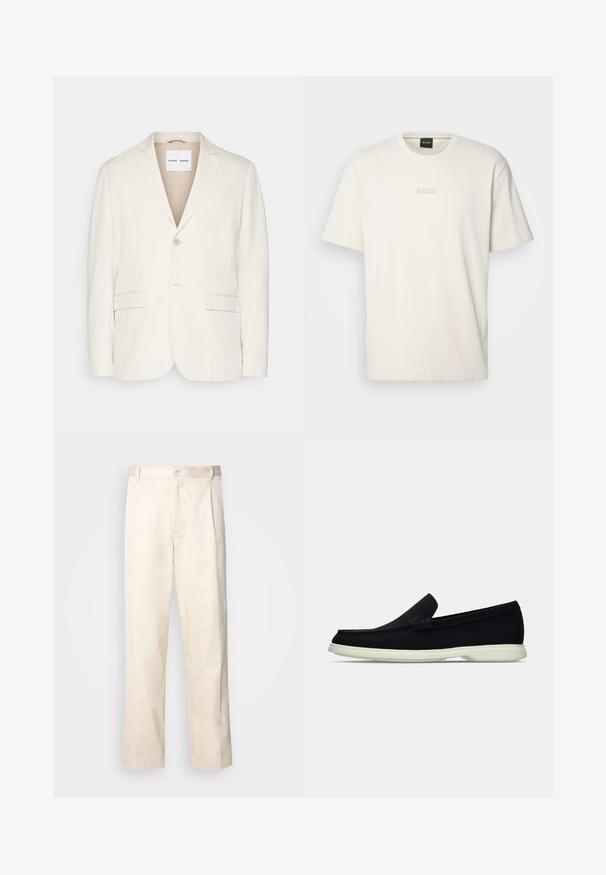 Blazer de lino beige claro con cierre de un solo botón, solapas de muesca, dos bolsillos frontales y un corte entallado. Textura suave con diseño minimalista.; BOSS TEE - Camiseta básica - open white; Pantalones de algodón beige con corte recto, que cuentan con un cierre de botón y pliegues en la parte frontal para un detalle adicional.; Zapato negro sin cordones con puntera redondeada, que presenta una parte superior texturizada, suela blanca lisa y un discreto detalle de marca en el lateral.