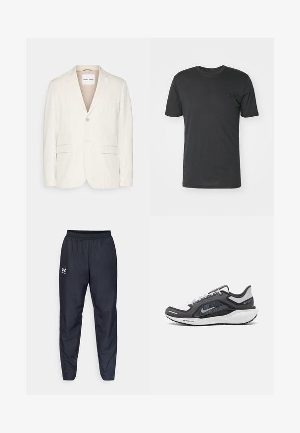 Blazer in lino beige chiaro con chiusura a un bottone, rever a punta, due tasche frontali e vestibilità sartoriale. Texture morbida con design minimalista.; T-shirt nera a maniche corte in cotone, con scollatura rotonda e un piccolo logo nero nella parte sinistra del petto.; Pantaloni sportivi neri con cintura elastica, gambe affusolate e logo bianco di lato. Realizzati in tessuto leggero e resistente.; Scarpa da ginnastica nera e grigia con tomaia in rete, dettagli riflettenti e intersuola bianca. Presenta una suola in gomma testurizzata e lacci.