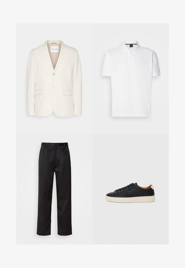 Svetlo béžový ľanový blazér s uzáverom na jeden gombík, klopovými reverzmi, dvoma prednými vreckami a strihom prispôsobeným na telo. Mäkká textúra s minimalistickým dizajnom.; Biela polo tričko vyrobené z bavlneno-polyesterovej zmesi, s golierom, dvoma gombíkmi na prednej strane a jemne vyšitým logom na hrudi.; Čierne nohavice vyrobené z hladkej látky, s predným zapínaním na gombík, s plisovaním a rovnými nohavicami. Žiadne viditeľné vzory ani akcenty.; Čierne kožené tenisky s hladkou textúrou, béžová gumová podrážka, viazanie a kontrastný akcent na päte.