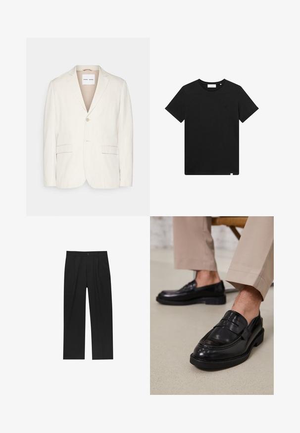 Blazer din in bej deschis, cu închidere printr-un singur nasture, revere ondulate, două buzunare frontale și o croială ajustată. Textură moale cu un design minimalist.; Tricou scurt cu mânecă, de culoare neagră, realizat din bumbac, cu guler tip crew și un mic logo brodat pe piept. Textură netedă, croială standard.; Pantaloni negri cu un design drept, fabricați dintr-un material neted. Au plisse în față și un sistem de închidere cu un singur buton la talie.; Loafers negre din piele cu o finisare netedă, având o curea decorativă și cusături contrastante, asortați cu pantaloni bej.