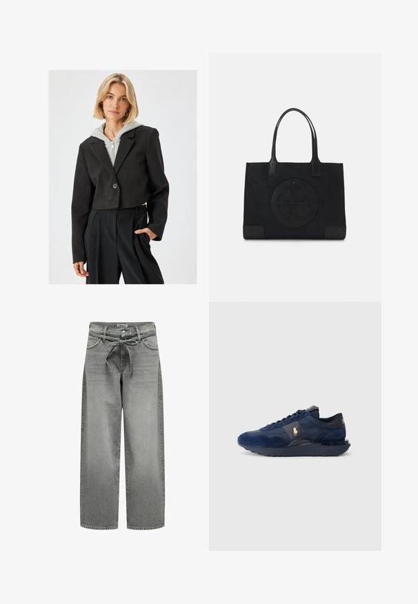 Schwarzer, taillierter Blazer mit Knopfverschluss, kurzen Ärmeln und glatter Textur, getragen über einem grauen Zipper-Hoodie.; Grau gestrickter Rollkragenpullover aus weichem Strickmaterial mit gerippten Bündchen und Saum. Verfügt über einen lockeren Schnitt und einen strukturierten Kragen.; Weite graue Denim-Jeans mit einem Kordelzugbund und vorderen Taschen. Der Stoff hat eine leichte Textur und einen verblassten Finish.; Marineblaue Sportschuhe aus Wildleder und Mesh-Materialien, mit Gummisohle, Schnürdesign und einem goldenen Logoakzent.; Schwarze Tragetasche aus Stoff, mit einem auffälligen geprägten Logo in einem kreisförmigen Design. Glatte Oberfläche mit kontrastierenden Lederakzenten.