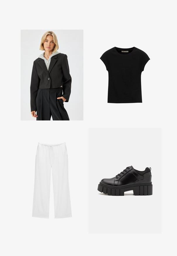 Korte zwarte blazer met knoopsluiting, met een op maat gemaakt ontwerp, lange mouwen en een gladde textuur, gelaagd over een grijze rits hoodie.; Zwarte korte mouwen t-shirt gemaakt van zachte stof, met een ronde halslijn en een ontspannen pasvorm, met een gladde textuur en zonder patronen.; Witte wijde broekspunten gemaakt van zachte stof, met een elastische tailleband en een koord, en twee zijzakken. Eenvoudig en strak ontwerp.; Zwarte leren platform schoenen met een stevige blokhak, ronde neus en een traditionele vetersluiting. Kenmerkt zich door een gladde textuur en minimale details.