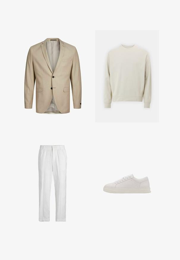 Blazer beige con tessuto testurizzato, design a un bottone, rever a punta, due bottoni e una tasca sul petto. Interno foderato.; Felpa beige chiaro realizzata in morbido tessuto con collo rotondo, maniche lunghe e polsini e orlo a costine. Design minimalista, senza motivi visibili.; Pantaloni bianchi in lino con vita elasticizzata e chiusura frontale con bottone. Il tessuto presenta una superficie liscia, leggera e un design a gamba dritta.; Sneaker in pelle bianca con punta rotonda, suola piatta e sei occhielli. Presenta una texture liscia e un design minimalista. Nessun motivo o accento visibile.