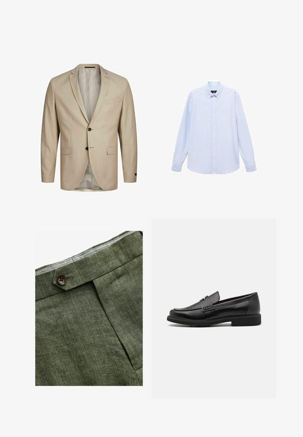 Blazer beige avec un tissu texturé, à un bouton, revers crantés, deux boutons et une poche poitrine simple. Intérieur doublé.; Chemise boutonnée à manches longues bleu clair avec un col classique, un ourlet droit et une texture subtile. Présente une fermeture par bouton central.; Pantalons en lin vert olive avec un pli avant, dotés d'une fermeture à bouton et d'une doublure à carreaux contrastante au niveau de la taille.; Chaussures de ville synthétiques noires avec un devant cousu bien visible, semelle intérieure rembourrée et semelle extérieure en caoutchouc plate ; design épuré avec un minimum de détails.