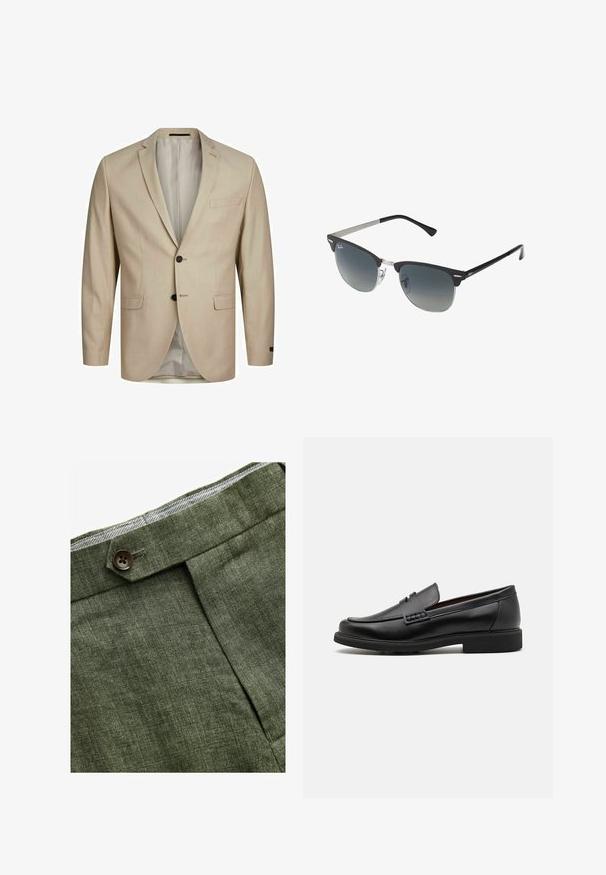 Blazer beige con tessuto testurizzato, design a un bottone, rever a punta, due bottoni e una tasca sul petto. Interno foderato.; Camicia azzurra a maniche lunghe con colletto classico, orlo dritto e una trama sottile. Presenta una chiusura centrale con bottoni.; Pantaloni in lino verde oliva con piega frontale, dotati di chiusura con bottone e una fodera a quadretti a contrasto nella cintura.; Mocassini sintetici neri con una spessa cucitura frontale, soletta imbottita e suola piatta in gomma; design elegante con dettagli minimi.; Occhiali da sole neri e argento con forma a occhio di gatto, lenti sfumate e dettagli metallici sulla montatura. Aste in plastica con punte grigie.