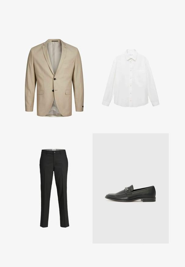 Blazer beige con tessuto testurizzato, design a un bottone, rever a punta, due bottoni e una tasca sul petto. Interno foderato.; Mango ANTARES - Camicia - white; Pantaloni neri, vestibilità sartoriale, tessuto liscio, vita media, chiusura con bottone frontale, tasche diagonali e dettagli di piega lungo le gambe.; Mocassino in pelle nera con finitura liscia, caratterizzato da un design cucito e da un accento decorativo in catena metallica sul vamp. Tacco piatto.