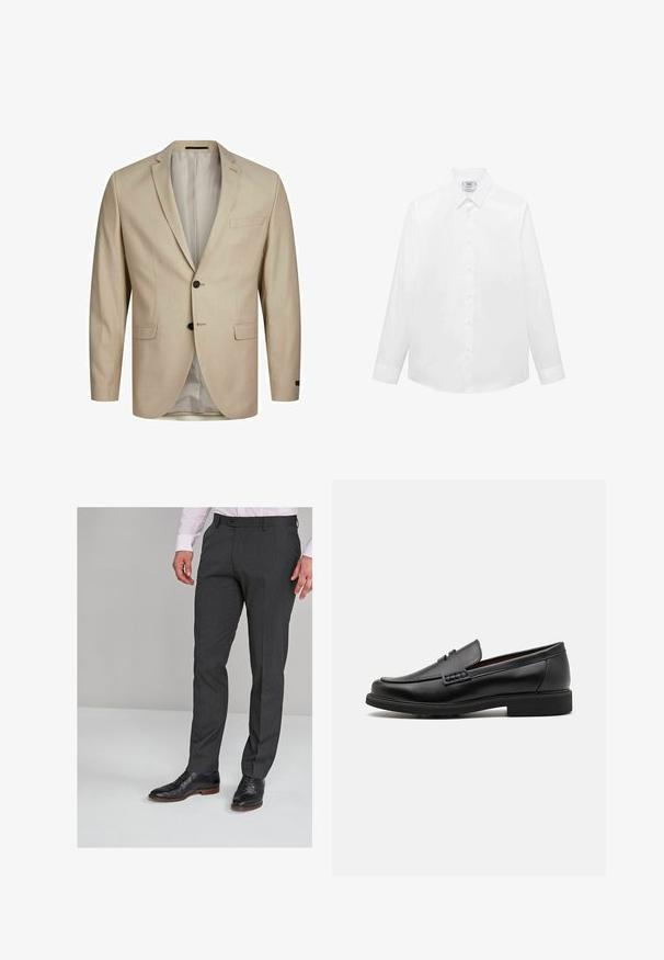 Beige blazer med struktureret stof, enkeltbrystet design, indsnittede klapper, to knapper og en enkelt brystlomme. Foret indvendig.; Hvid langærmet skjorte lavet af glat stof, med klassisk krave, knaplukning foran og buet kant. Minimalistisk design uden mønstre.; Grå skræddersyede bukser med en glat tekstur, der har flad front og bæltesløjfer, parret med sorte habit sko.; Sorte syntetiske loafers med en fremtrædende syet front, polstret indersål og flad gummiydersål; slankt design med minimal detaljer.