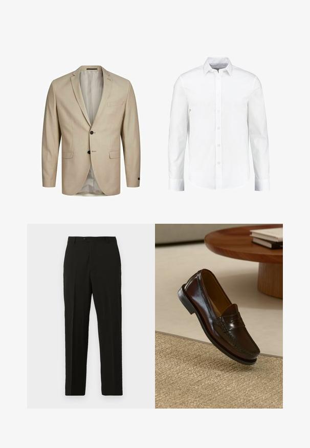 Blazer beige con tessuto testurizzato, design a un bottone, rever a punta, due bottoni e una tasca sul petto. Interno foderato.; Camicia bianca a maniche lunghe con bottoni realizzata in cotone morbido. Presenta un collo classico e una chiusura frontale con bottoni, con orlo dritto.; Pantaloni neri su misura realizzati in un tessuto liscio, con una linea dritta, chiusura con bottone e pieghe frontali per una maggiore struttura.; Mocassini in pelle marrone con finitura lucida, caratterizzati da un dettaglio cucito sulla parte anteriore e una suola in gomma nera a profilo basso.