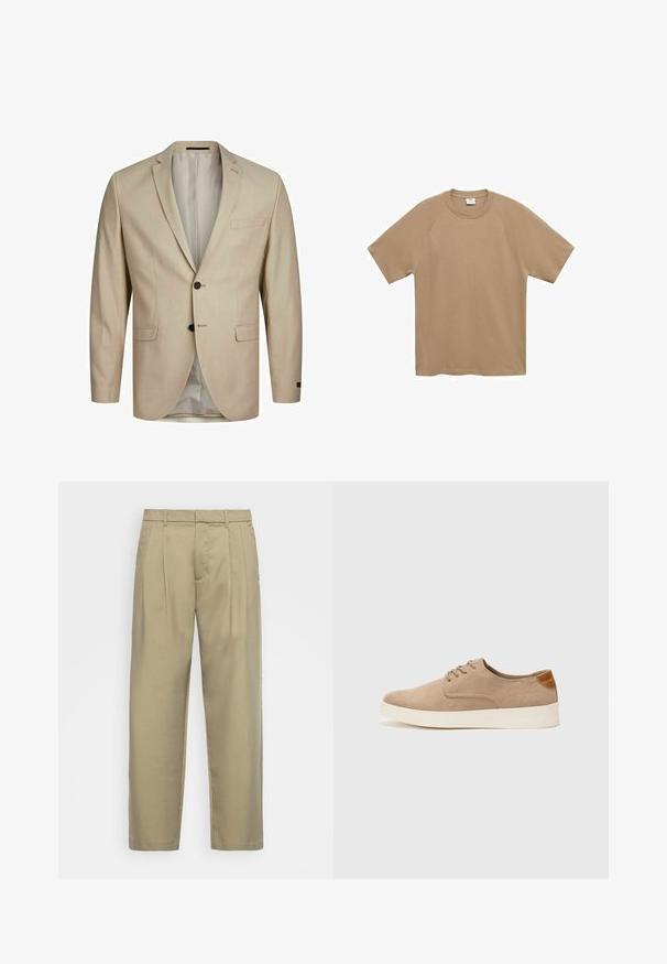 Bež blazer z teksturiranim materialom, enojnim zapenjanjem, zarezanim ovratnikom, dvema gumboma in enim žepom na prsih. Podložen notranji del.; Mango Navadna majica - beige; Bež hlače visoko pasu s ravnim krojem, z ravnim sprednjim delom, stranskimi žepi in gladkim, teksturiranim materialom.; Bež tkanine usnjene superge z zaobljenim nosom, vezalkami na sprednji strani in teksturiranim zadnjim detajlom. Belo gumijasto podplato zagotavlja kontrast. Enostaven in sodoben dizajn.