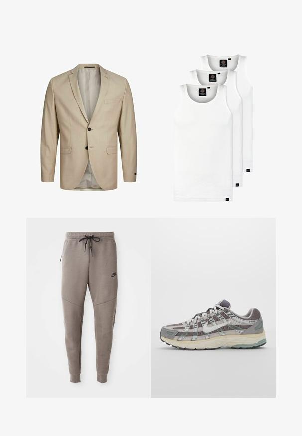 Beige blazer featuring a textured fabric, single-breasted design, notched lapels, two buttons, and a single chest pocket. Lined interior.; Three white ribbed tank tops made of cotton. Features a crew neck and small black labels near the hem. Available in multiple sizes.; Gray Nike sweatpants with a drawstring waistband, tapered legs, side pockets, and distinct seam detailing. Soft, textured fabric.; Gray athletic shoe featuring a mesh and suede upper, white accents, a cushioned sole, and a distinctive design with reflective elements.