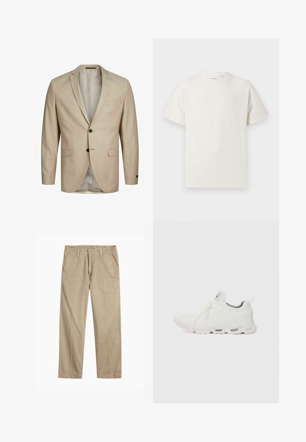 Bež blazer z teksturiranim materialom, enojnim zapenjanjem, zarezanim ovratnikom, dvema gumboma in enim žepom na prsih. Podložen notranji del.; Bela majica s kratkimi rokavi iz rebraste tkanine. Okrogli izrez, sproščen kroj, brez vidnih vzorcev ali naglasov. Preprosta in vsestranska zasnova.; Bežne bež hlače ravnega kroja z zanko za pas, sprednjim gumbom in zadrgo ter bočnimi žepki.; Bela atletska obuća z značilnom pletenom gornjom stranom, ravnim vezicama i podlogom s jastučićem koja ima vidljive zračne komore za dodatnu potporu.