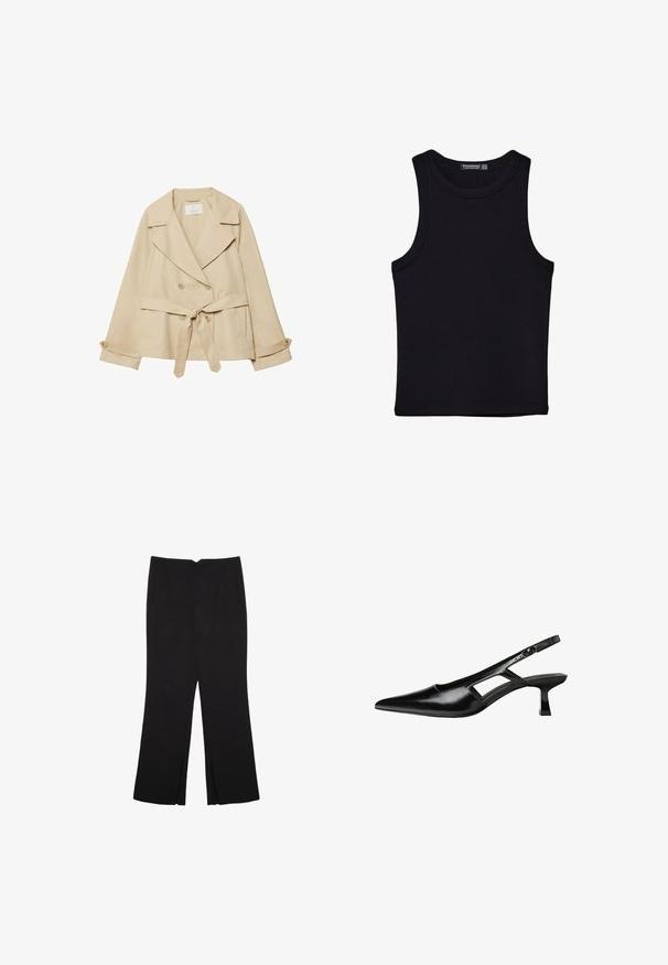 Cappotto trench beige con design avvolgente, bottoni doppi, ampi revers, cintura con nodo in vita e maniche arrotolate con dettagli a bottoni.; Canotta nera in cotone, caratterizzata da un colletto rotondo e ampi giromanica. Texture liscia con orli cuciti. Design classico e minimalista.; Pantaloni neri a gamba dritta, con tasche frontali e spacchi laterali all'orlo. Realizzati in tessuto morbido e liscio. Adatti a diverse occasioni.; Tacchi slingback in pelle verniciata nera con punta affusolata, design con tagli laterali e tacco quadrato piccolo. Texture liscia con dettagli minimi.