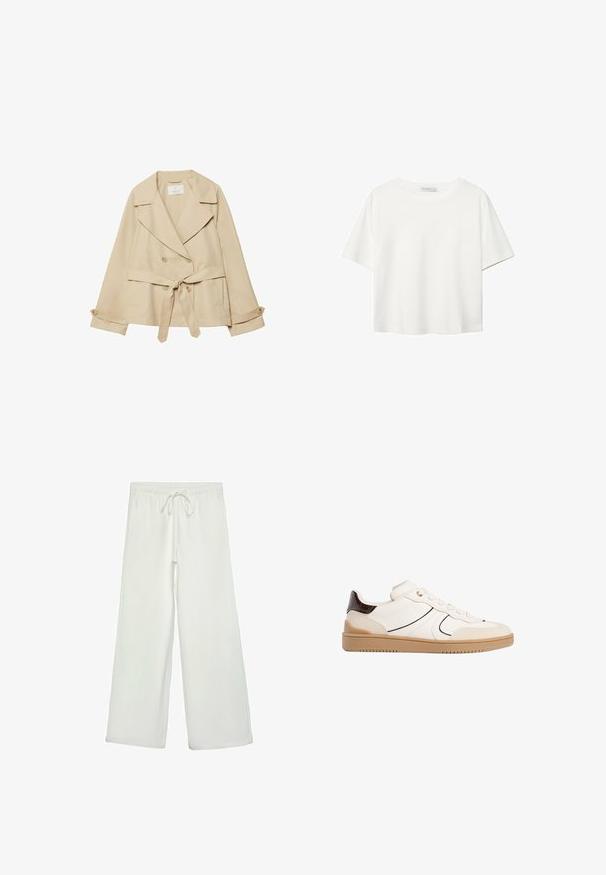 Cappotto trench beige con design avvolgente, bottoni doppi, ampi revers, cintura con nodo in vita e maniche arrotolate con dettagli a bottoni.; T-shirt bianco a maniche corte realizzato in cotone. Presenta un collo tondo e una vestibilità rilassata. Texture liscia senza motivi o dettagli visibili.; Pantaloni bianchi a gamba larga realizzati in un tessuto morbido. Presentano un elastico in vita con cordino e una consistenza liscia. Senza motivi visibili o accessori.; Stradivarius Sneakers basse - white