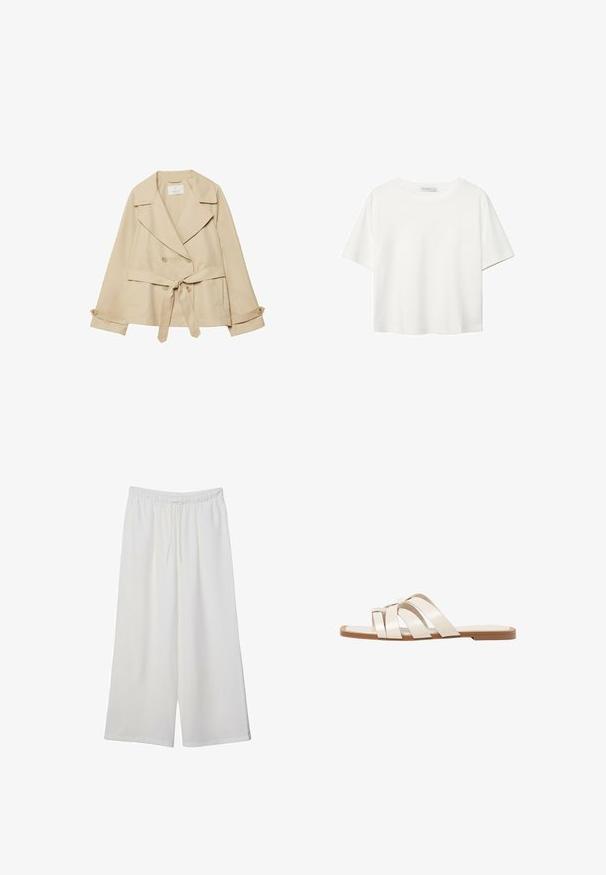 Beige trenchcoat med et omslagsdesign, dobbeltknaplukning, brede revers, bælte i taljen og oprullede ærmer med knapdetaljer.; Hvid kortærmet t-shirt lavet af bomuld. Har en rund halsudskæring og en afslappet pasform. Glat tekstur uden synlige mønstre eller detaljer.; Hvide vidde bukser lavet af letvægtsstof, med en elastisk talje og snøre for justerbar pasform. Glat tekstur.; Flade sandaler med en lys gummisål, designet med tre overlappende hvide læderremme og en lille sløjfe detalje i midten.