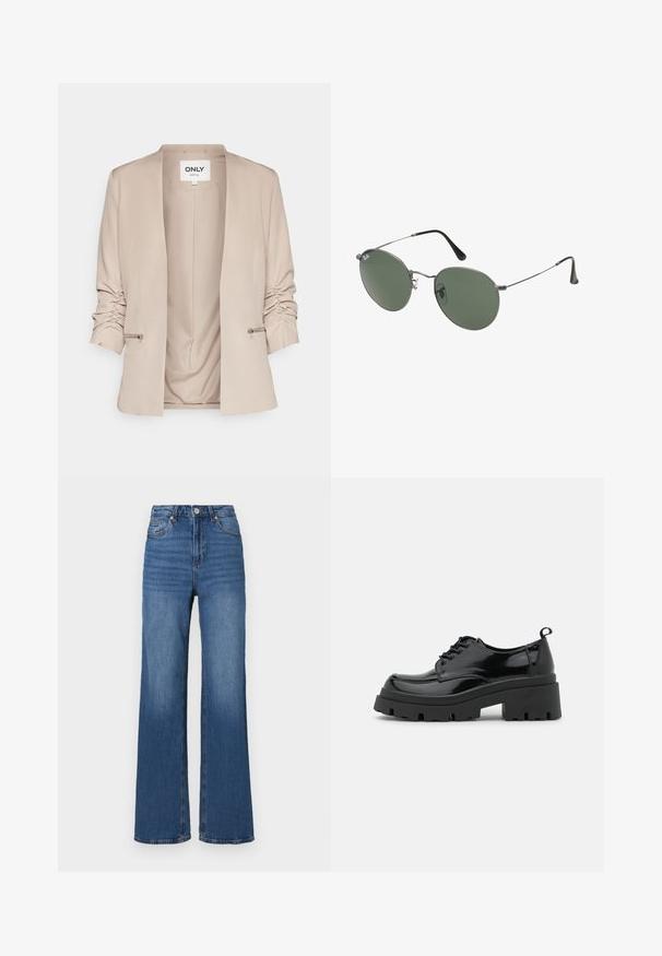 Béžový blejzer s šálovým golierom, riasenými rukávmi, bočnými zipsovými detailmi a hladkou textúrou látky. Otvorený predný diel bez zapínania.; Dve bezrukávové topy v čiernej a bielej farbe, vyrobené z rebrovanej bavlny, s okrúhlym výstrihom a priliehavým strihom. Viditeľné štítky na oboch.; Džíny s vysokým pásom a širokými nohavicami v modrej farbe, vyrobené z denimu, s klasickým dizajnom päť vreciek a jemným zesvetlením pozdĺž nohavic.; Čierne lakované topánky s hrubou platformou a hrubými šnúrkami. Zaoblená špička, minimálne detaily a malá pätka na zadnej strane.; Sunglass s metalovým rámom s oválnymi zelenými šošovkami. Tenký strieborný kovový rám a čierne štuple za uši. Minimalistický dizajn, bez viditeľných log.