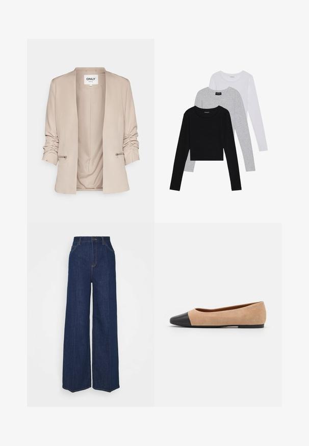 Beige blazer, jossa on shaala-kaulus, rypistyneet hihat, sivuvetoketju-aksentit ja sileä kangas. Avoin etuosa ilman suljinta.; Kolme pitkähihasta paita päällekkäin: musta, harmaa ja valkoinen. Jokaisessa on pyöreä pääntie ja lyhennetty muotoilu, jossa on sileä ja kevyt kangas.; Tummat siniset farkut, joissa on korkea vyötärö ja leveät lahkeet, etu- ja takataskut, nappisulku ja näkyvät ompeluyksityiskohdat.; Beige mokkasiner i semsket skinn med svart lær ved tuppen, lav hæl og glatt tekstur, med minimal søm og et rent design.