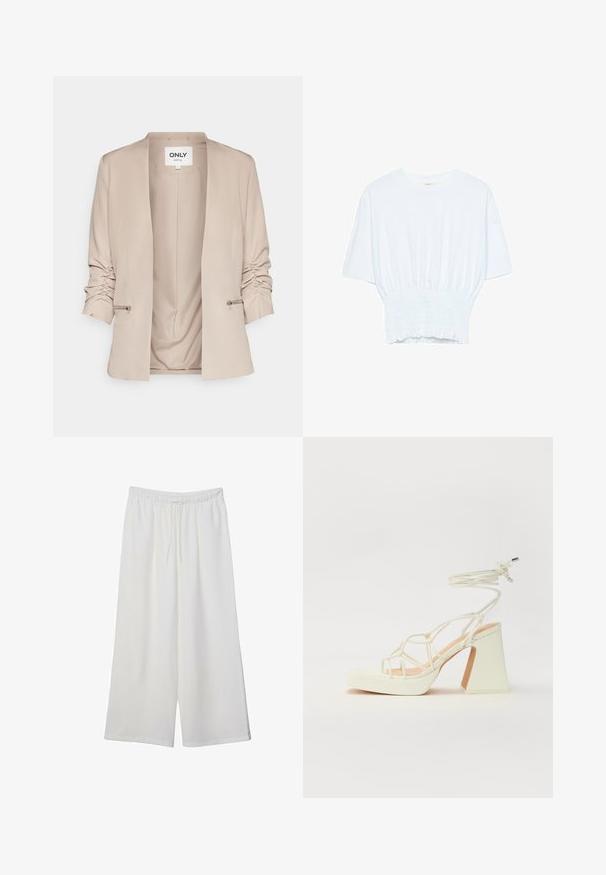 Béžový blejzer s šálovým golierom, riasenými rukávmi, bočnými zipsovými detailmi a hladkou textúrou látky. Otvorený predný diel bez zapínania.; Biela krátka T-shirt s voľným strihom a zlaceným textúrou v oblasti pása. Vyrobená z mäkkého, ľahkého materiálu.; Biele široké nohavice z ľahkého materiálu s elastickým pásom a šnúrkou na nastavenie veľkosti. Hladká textúra.; Biele sandále na vysokom opätku s hrubým podpätkom, s pruhovaným dizajnom a viazaním na členku. Hladký povrch s platformou vpredu pre zvýšenú výšku.