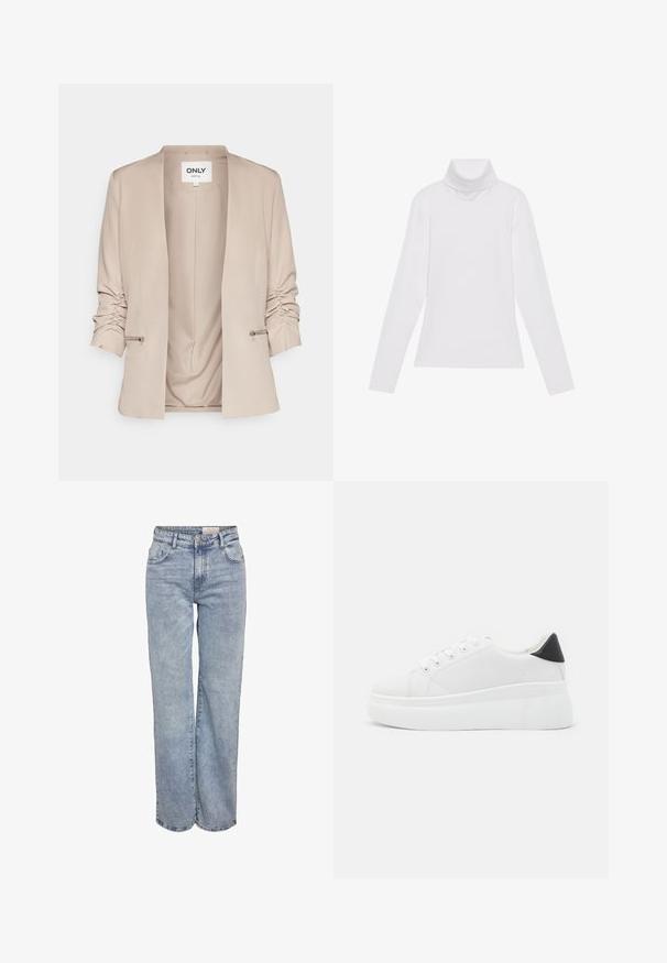 Blazer beige con cuello chal, mangas fruncidas, detalles de cremallera en los laterales y una textura de tela suave. Parte delantera abierta sin cierre.; Top blanco de manga larga y cuello alto, confeccionado en una tela suave y elástica. Presenta un diseño ajustado, sin patrones o adornos visibles.; Jeans de pernera ancha en azul claro, elaborados en denim, con cintura alta, diseño de cinco bolsillos y un ligero desvanecimiento que les da un aspecto usado.; Zapatillas de plataforma blancas hechas de material sintético suave, con punta redondeada, diseño de cordones y suela de goma texturizada. Acento en el talón negro.