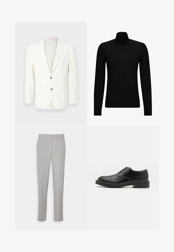 White, textured blazer with a slim fit, featuring two buttons, a pocket on the left, and a smooth inner lining.; Black turtleneck sweater made of soft material, featuring long sleeves and a snug fit. Ribbed trim at the hem and cuffs. Simple design.; Light gray trousers with a smooth texture, flat front, and straight legs. Made of breathable fabric, featuring internal pockets and belt loops.; Black leather lace-up shoe with a rounded toe, smooth texture, minimal stitching, and a low rubber heel. Logo on the heel.