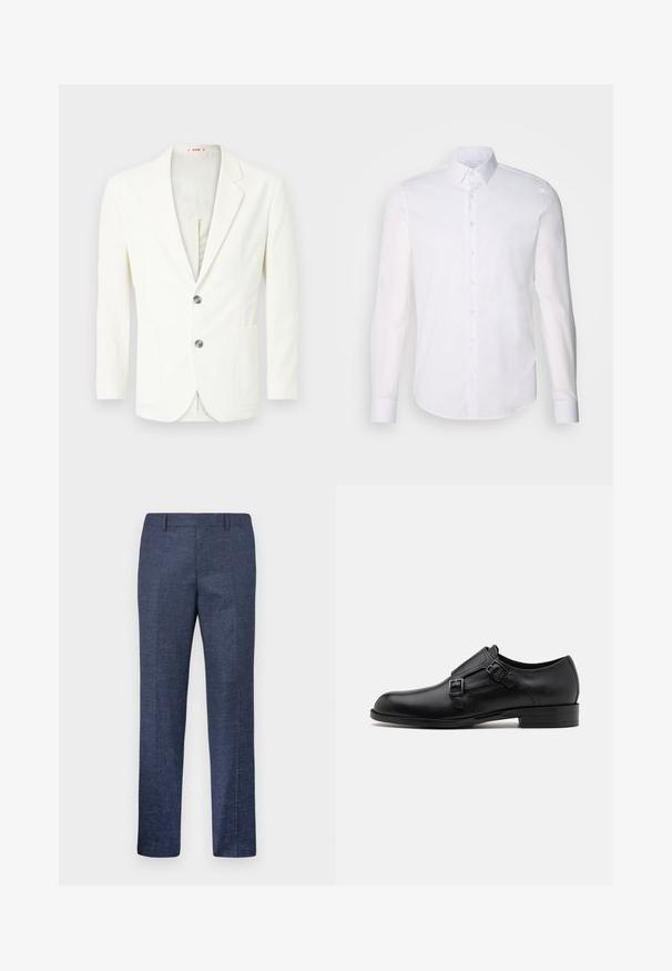 Blazer blanco texturizado de corte ajustado, con dos botones, un bolsillo en la parte izquierda y un forro interior suave.; Camisa blanca de manga larga y botones, hecha de algodón, que presenta un cuello clásico, botones en la parte delantera y un detalle de costura minimalista.; Pantalones azul marino hechos de una tela texturizada, con perneras rectas, frente plano y dos bolsillos laterales. Sin patrones ni acentos visibles.; Zapato de vestir de cuero negro con doble hebilla, silueta elegante y punta redonda. Cuenta con un tacón bajo y una textura suave.