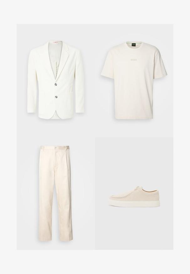 Biała, teksturowana marynarka o slim fit, wyposażona w dwa guziki, kieszeń z lewej strony oraz gładkie podszewkę.; BOSS - T-shirt basic; Beżowe bawełniane spodnie o prostym kroju nogawki, z zapięciem na guziki i plisami z przodu dla dodatkowego zdobienia.; Jasno beżowe zamszowe sneakersy z okrągłym noskiem, minimalnym przeszyciem i białą gumową podeszwą. Posiadają prosty system sznurowania oraz detal z logo.
