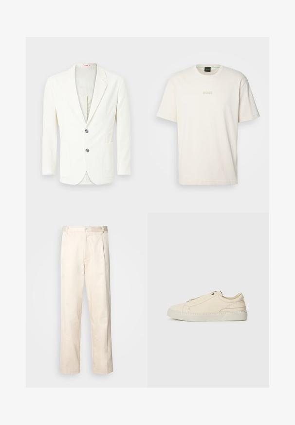 Fehér, textúrált blézer, slim fit szabásban, két gombbal, bal oldalon zsebbel és sima bélésdíszítéssel.; BOSS TEE - Basic póló - open white; Beige pamut nadrág egyenes szárú kivágással, gombos záródással és elülső redőkkel a részletek fokozása érdekében.; Beige bőr sneaker, lekerekített orral, minimalista dizájnal, finom varrási részletekkel és texturált felsőrésszel, világos talpon.