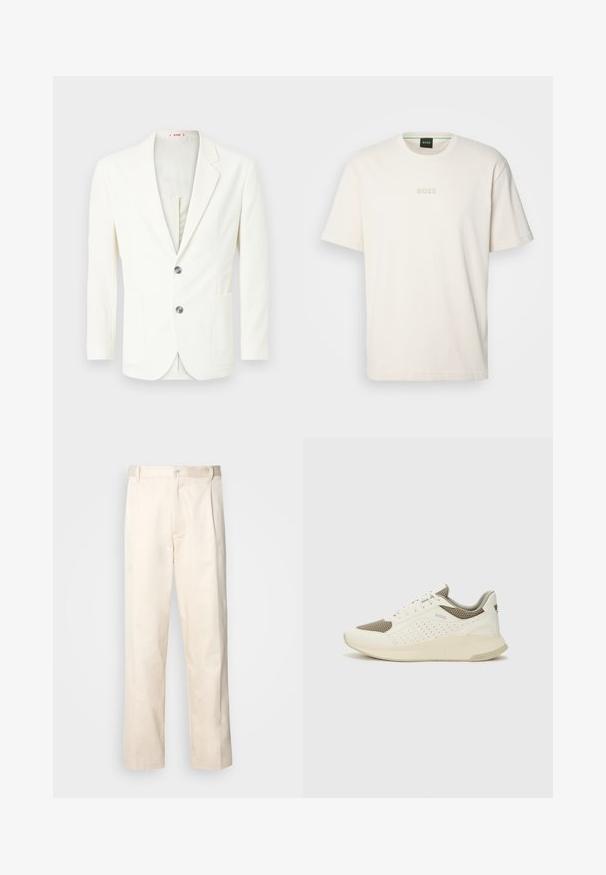 Weißer, strukturierter Blazer mit schlanker Passform, ausgestattet mit zwei Knöpfen, einer Tasche auf der linken Seite und einem glatten Innenfutter.; BOSS TEE - T-Shirt basic - open white; Beige Baumwollhose mit geradem Bein, ausgestattet mit einem Knopfverschluss und Falten an der Vorderseite für zusätzliche Details.; Weiße und hellbeige Sport Sneakers, ausgestattet mit einem Obermaterial aus Netzgewebe, perforierten Details und einer strukturierten Zwischensohle mit Branding an der Ferse.
