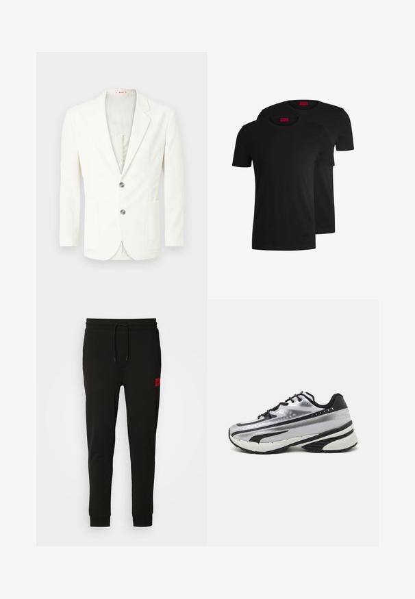 Bílý, strukturovaný blazer s úzkým střihem, se dvěma knoflíky, kapsou na levé straně a hladkým vnitřním podšívem.; Dvoje černých bavlněných triček s krátkým rukávem a kulatým výstřihem. Obě mají červenou značkovou nášivku na výstřihu. Jednoduchý, klasický design.; Černé teplákové kalhoty vyrobené z měkké tkaniny, s elastickým pasem na šňůrku, úzkým střihem a červenou nášivkou loga na levém stehně.; Běžecká obuv s vrchní částí z stříbrné síťoviny, černými akcenty a bílou podrážkou. Disponuje texturovaným vzorem a černými tkaničkami. Lehká a odpružená.