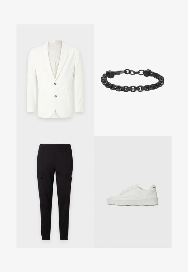 White, textured blazer with a slim fit, featuring two buttons, a pocket on the left, and a smooth inner lining.; White cotton t-shirt featuring a round neckline and short sleeves, with a gold EA7 Emporio Armani logo printed on the front.; Black sweatpants made of soft fabric, featuring a tapered leg design and two side cargo pockets with a subtle logo on one pocket.; White leather sneaker with a smooth finish, round toe, flat laces, and a textured sole. Features a subtle logo on the heel.; Black metal chain bracelet featuring interlocking links, square accents, and a smooth texture. Adjustable design for fit.
