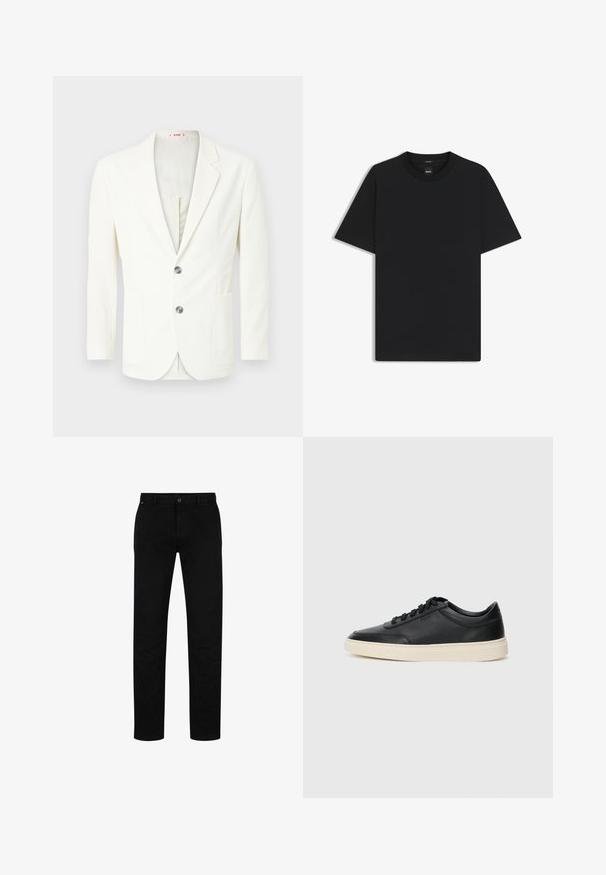 Witte, gestructureerde blazer met een slim fit, voorzien van twee knopen, een zak aan de linkerzijde en een gladde binnenvoering.; Zwarte korte mouwen T-shirt van een gladde katoenmix, met een ronde halslijn en een minimalistisch ontwerp zonder patronen of accenten.; Zwarte katoenen broek met een rechte pasvorm, voorzien van een knoopsluiting, riemlussen en een minimalistisch ontwerp. Glad van structuur, zonder patronen.; Zwarte leren sneaker met lage schacht, zwarte veters en off-white zool, weergegeven in zijprofiel op een witte achtergrond.