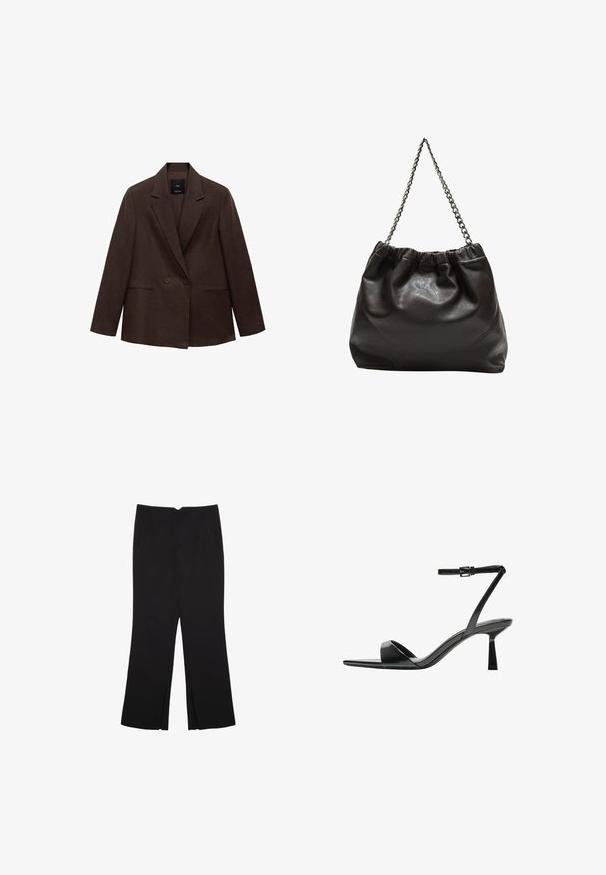 Hnedý dvojradový blejzer s klopovým golierom, dlhými rukávmi, dvoma prednými vreckami a hladkou textúrou. Nálepka je viditeľná vo vnútri goliera.; Čierny tank top vyrobený z bavlny, s okrúhlym výstrihom a širokými ramienkami. Hladká textúra so zošitými okrajmi. Klasický, minimalistický dizajn.; Čierne nohavice so strihom rovného strihu, s prednými vreckami a bočnými rozparkami na leme. Vyrobené z mäkkej, hladkej tkaniny. Vhodné na rôzne príležitosti.; Bershka Sandále na vysokom opätku - black; Hnedá kožená taška so zberaným vrchom a reťazovým popruhom. Hladký povrch s lesklým finišom a jemným švom po stranách.