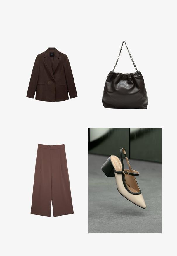 Hnědý dvoubarevný blazer s klopami, dlouhými rukávy, dvěma předními kapsami a hladkou texturou. Štítek je viditelný uvnitř límce.; Hnědý bavlněný tričko s krátkými rukávy a hlubokým V-výstřihem. Jednoduchý design, měkká textura a rovný lem. Žádné vzory ani akcenty.; Hnědé široké kalhoty s hladkou texturou, vysokým pasem a předními záhyby. Materiál je lehký a volně splývá.; Beige boty s špičatou špičkou a otevřenou patou, černými detaily, zlatou přezkou a silným blokovým podpatkem, na šedé podlaze s tmavě zeleným pozadím.; Hnědá kožená taška se sbíraným vrškem a řetízkovým popruhem. Hladký povrch s lesklým finišem a jemným švem na bocích.