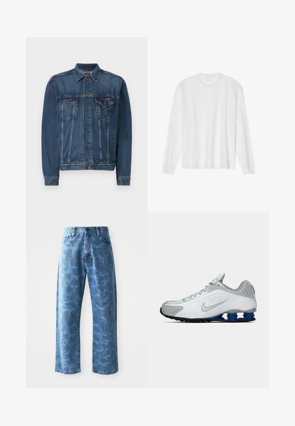 Tummansininen farkkutakki, jossa on napitettu etuosa, kaksi rintataskua ja ommellut yksityiskohdat saumoissa ja hihoissa. Normaali kaulustyyli.; Valkoinen pitkähihainen puuvillainen t-paita, jossa on pyöreä kaula-aukko, resorit hihansuissa ja suora helma, sileä pinta ja minimalistinen muotoilu.; Vaaleansiniset farkut, joissa on hienovarainen sävysuunniteltu kukkakuvio, leveät lahkeet, viisi taskua ja napitus vyötäröllä.; Valkoinen ja harmaa Nike-juoksukenkä, jossa on hopea swoosh, siniset jousimaiset pohjatyynyt ja musta pito-osa yksinkertaisella taustalla.