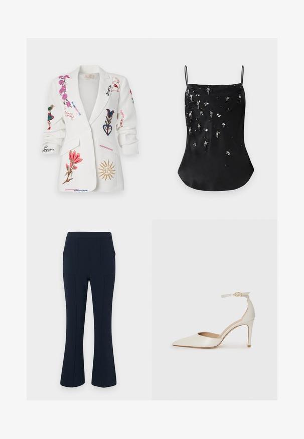 Witte blazer met geborduurde bloemenpatronen, vogels en scriptdetails in verschillende kleuren, voorzien van een opstaande revers en voorzakken.; Zwarte satijnen cami met dunne banden, voorzien van verspreide kralen en pailletten in zilveren en donkere tinten, die een gevarieerd patroon creëren.; Marineblauwe flared broeken met twee voorzakken, gemaakt van een gladde, rekbare stof en voorzien van een aansluitende tailleband en strakke lijnen.; Witte leren hoge hak schoen met een spitse neus, enkelbandje en een slanke stiletto hiel. Gladde textuur met een subtiele glanzende afwerking.