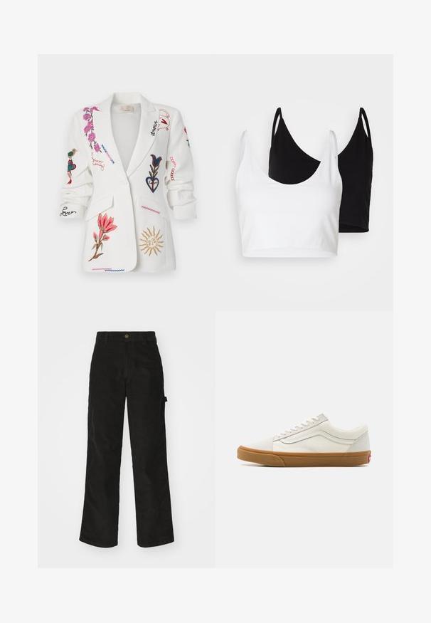 Blazer blanco con patrones florales bordados, pájaros y detalles en escritura de varios colores, con solapa muestrera y bolsillos frontales.; Dos tops de algodón en blanco y negro. Cada uno tiene un escote profundo y tirantes delgados, con una textura suave y lisa.; Pantalones de pana negros con un diseño de pierna recta, que presentan un cierre de botón y bolsillo lateral. Textura suave con finas rayas verticales.; Zapatillas bajas de lona blanca con suela de goma, puntera redonda, cierre con cordones y detalle de franja de cuero lateral.