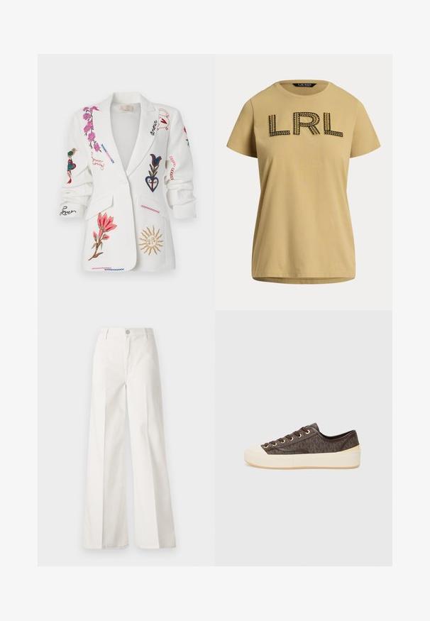 White blazer with embroidered floral patterns, birds, and script details in various colors, featuring a notched lapel and front pockets.; Short-sleeve, mustard-yellow cotton t-shirt featuring black embroidered "LRL" logo with decorative stitching accents. Standard crew neckline.; White wide-leg trousers made from cotton with a smooth texture. Features a front button, zipper fly, and four-pocket design.; Brown patterned canvas sneakers with gold eyelets, lace closure, and a white rubber toe cap and sole. Featuring a textured finish.