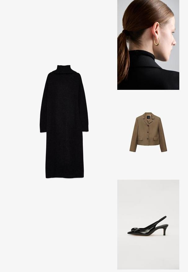 Blazer corto marrone con colletto a rever, due tasche frontali e tre bottoni. Tessuto testurizzato con un delicato motivo intrecciato.; Abito maglione lungo nero con colletto a serpente realizzato in un morbido tessuto a maglia, con polsini e colletto a costine, dal taglio rilassato e oversize.; Sandal con tacco in vernice nera, punta affilata, tacco piccolo e un grande fiocco in evidenza sulla tomaia. Texture liscia e design elegante.; Borsa a tracolla nera con manici corti, dotata di una chiusura e dettagli in oro. Il design è strutturato, con una silhouette geometrica.; Orecchino a cerchio in oro con un design arrotondato e leggermente texture, indossato all'orecchio sinistro su uno sfondo di capelli scuri e un indumento nero.