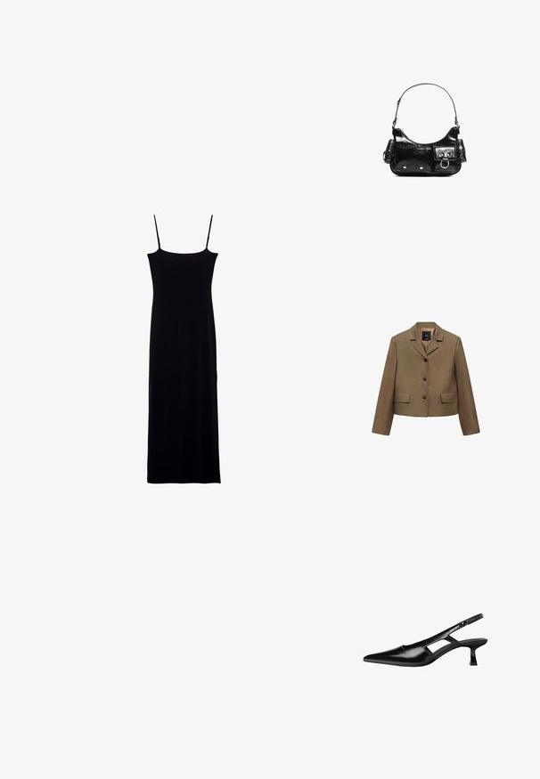 Hnědý zkrácený blazer s klopovým límečkem, dvěma předními kapsami a třemi knoflíky. Základní struktura tkaniny s jemným vzorem tkaní.; Černé šaty bez rukávů s rovnou siluetou, vyrobené z měkké tkaniny. Mají štíhlé ramínka typu spaghetti a délku až na zem.; Černé lakované lodičky na podpatku se špičatou špičkou, výřezovým designem na boku a malým čtvercovým podpatkem. Hladká textura s minimálními akcenty.; Černá lakovaná kožená kabelka s křivkovým tvarem, jedním ramenním popruhem, předními kapsami a stříbrnými kovovými detaily.