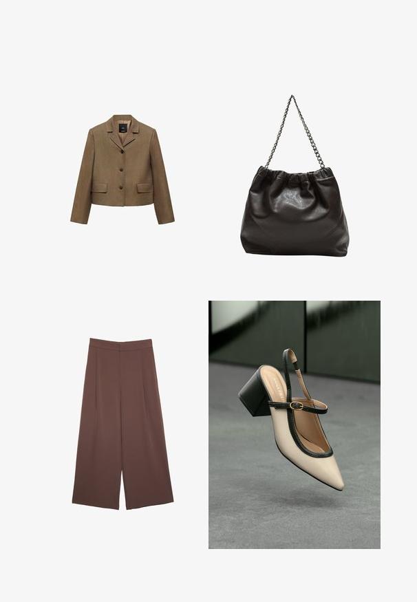Brązowa skórzana marynarka o skróconym kroju z klapami, dwiema kieszeniami z przodu i trzema guzikami. Teksturowany materiał z subtelnym wzorem tkaniny.; Brązowa koszulka z krótkim rękawem, wykonana z miękkiego materiału, z okrągłym dekoltem i luźnym krojem. Brak widocznych wzorów lub akcentów.; Brązowe spodnie o szerokich nogawkach z gładką fakturą, z wysokim stanem i plisami z przodu. Materiał jest lekki i luźno opada.; Beżowe buty typu slingback z ostrym noskiem, czarnym wykończeniem, złotą klamrą i grubym obcasem na szarym podłożu z ciemnozielonym tłem.; Brązowa skórzana torba z marszczonym szczytem i łańcuszkowym paskiem. Gładka tekstura z błyszczącym wykończeniem i subtelnymi detalami szwów po bokach.