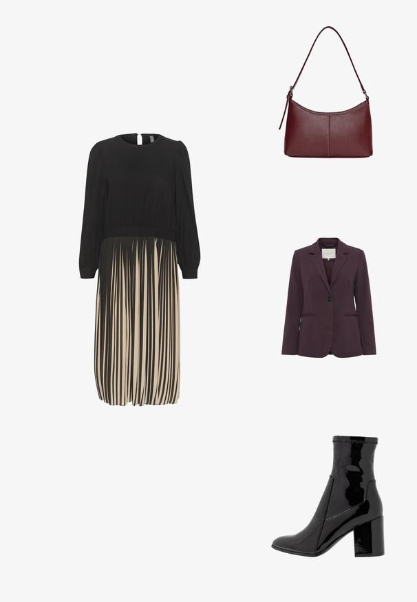 Bordeauxfarbener maßgeschneiderter Blazer mit einem Ein-Knopf-Verschluss, Reverskragen, zwei vorderen Taschen und glatter Textur. Futter an der Innenseite ist am Hals sichtbar.; Schwarzes und beiges Kleid mit rundem Ausschnitt, gerafftem Taillengürtel, langen Ärmeln und einem gefältelten Rock mit vertikalen Streifen.; Schwarze, lackierte Knöchelstiefel mit glatter Textur, spitzem Zeh und strukturiertem Blockabsatz. Verfügt über ein reißverschlussfreies Design und kontrastierende Nähte.; Bordeauxfarbene Ledertasche mit geschwungener Form, einem einzigen Schulterriemen und gesteppten Details in der Mitte. Glatte Textur, minimales Zubehör.