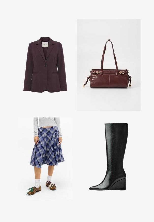 Blazer su misura bordeaux con chiusura a un bottone, colletto a risvolto, due tasche frontali e texture liscia. Fodera interna visibile nel colletto.; Maglione a collo alto di colore nero realizzato in morbido tessuto a maglia, con maniche lunghe e una vestibilità comoda. Tessuto liscio senza motivi o dettagli visibili.; Gonna midi a quadri blu con pieghe, realizzata in tessuto morbido. Abbinata a scarpe marroni con lacci colorati e calzini bianchi.; Stivali in pelle nera alti fino al ginocchio, con punta affilata e tacco a zeppa. La superficie è liscia con una finitura lucida.; Borsa a tracolla in pelle bordeaux con due manici, hardware dorato e chiusura con zip. Presenta una texture liscia e dettagli di cucitura sottili.