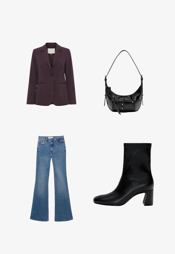 Bordeauxfarbener maßgeschneiderter Blazer mit einem Ein-Knopf-Verschluss, Reverskragen, zwei vorderen Taschen und glatter Textur. Futter an der Innenseite ist am Hals sichtbar.; Helles blaues Sweatshirt aus weichem Stoff, mit Rundhalsausschnitt, langen Ärmeln sowie gerippten Bündchen und Saum. Sanfte Textur, lässiges Design.; Blaue Jeans im Schlagstil mit Vorder- und Hintertaschen, Gürtelschlaufen und Knopfverschluss, flach auf einem weißen Hintergrund ausgelegt.; Schwarzer Knöchelstiefel aus glattem Leder. Mit quadrater Zehenpartie, elastischem Schaft und einem stabilen Blockabsatz. Minimalistisches Design.; Schwarze Leder-Schultertasche mit einer geschwungenen Form, die silberne Nieten und eine Stichverzierung aufweist. Verstellbarer Riemen für Vielseitigkeit.