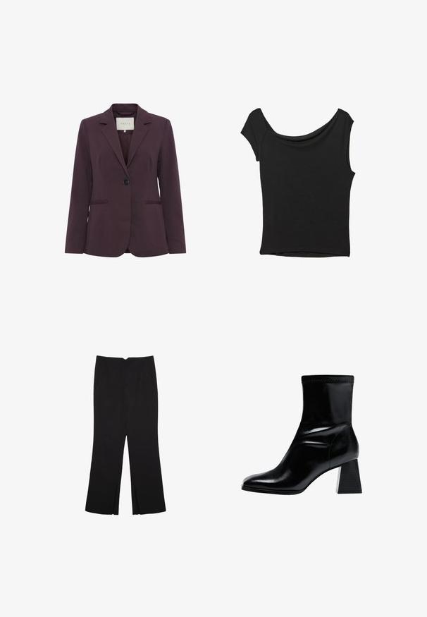 Blazer su misura bordeaux con chiusura a un bottone, colletto a risvolto, due tasche frontali e texture liscia. Fodera interna visibile nel colletto.; Top nero a maniche corte realizzato in tessuto liscio; presenta un colletto drappeggiato e un orlo asimmetrico, con una vestibilità aderente.; Pantaloni neri a gamba dritta, con tasche frontali e spacchi laterali all'orlo. Realizzati in tessuto morbido e liscio. Adatti a diverse occasioni.; Stivaletto nero realizzato in pelle liscia. Presenta un tacco a blocco con un motivo testurizzato a righe e un design della punta affusolato e elegante.