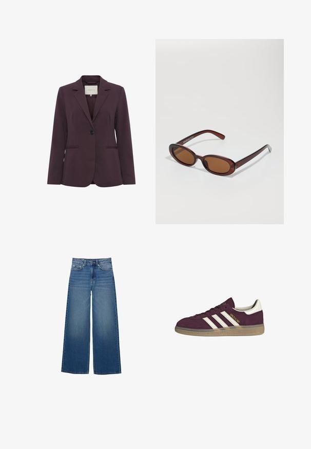 Bordo sako po meri z enim gumbom, rever kolarjem, dvema sprednjima žepoma in gladko teksturo. Podložena notranjost je vidna na vratu.; Burgundska majica z dolgimi rokavi z belimi vodoravnimi črtami. Ima okroglo izrezovanje in stranske razpoke na robu za sproščen kroj.; Široke plave kavbojke iz denima, z visokim pasom, šivanim poudarkom in preprostim dizajnom z rahlim učinkom zbledelosti.; Bordo nubuk teniske z belimi tremi črtami in bež poudarki. Ima teksturiran gumijast podplat in zlato oznako na strani.; Okrogle, rjavo obarvane sončne naočare z sijočim burgundskim okvirjem. Tanek nosilec s subtilnim logotipom. Oblika leč je ravna.; Rjava tkana usnjena torbica s sproščenim, trikotnim oblikovanjem. Ima pleten ročaj in zadrgo na vrhu.